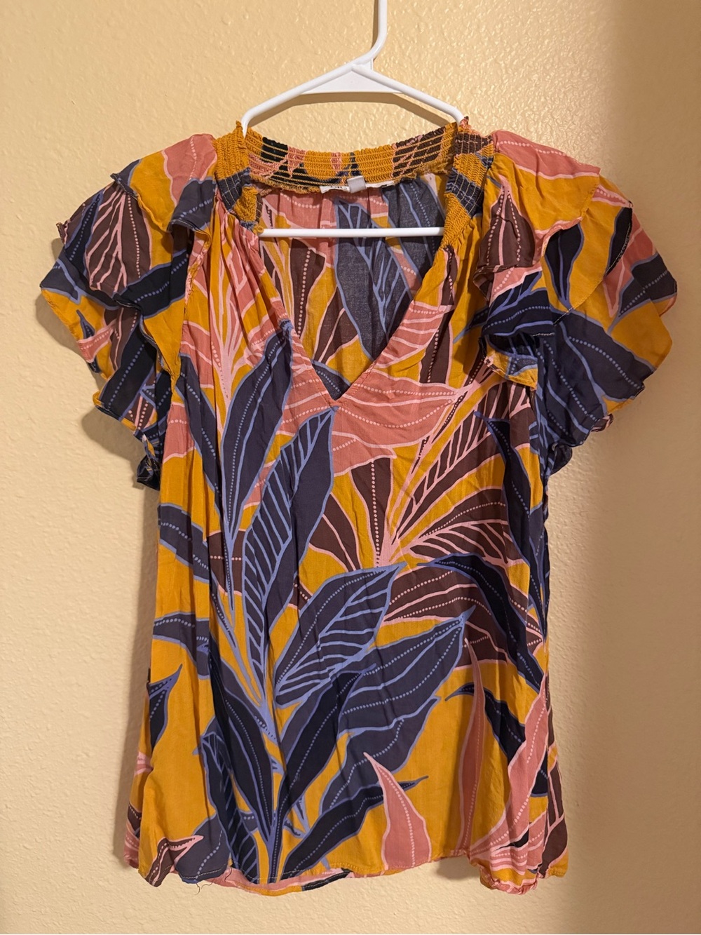 DR2 Multicolor Leaf Print Smocked Neck Blouse - Mustard, Navy & Pink